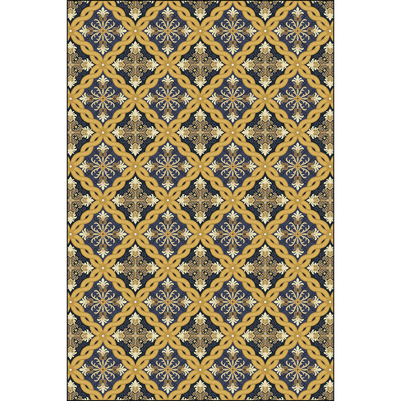 BowLift | Moroccan Living Room Carpet in Yellow Flower Ring Print Carpet Polyester Pet Friendly Non-Slip Area Rug