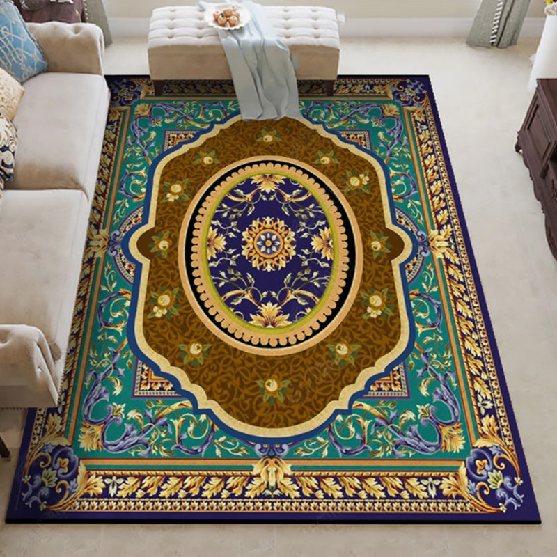 Oriental Moroccan rug in blue and red with medallion floral leaf pattern rug polyester washable rug for living space decoration | Bowlift