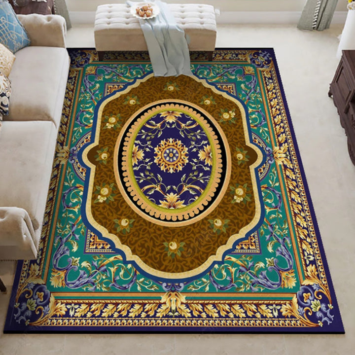 Oriental Moroccan rug in blue and red with medallion floral leaf pattern rug polyester washable rug for living space decoration | Bowlift