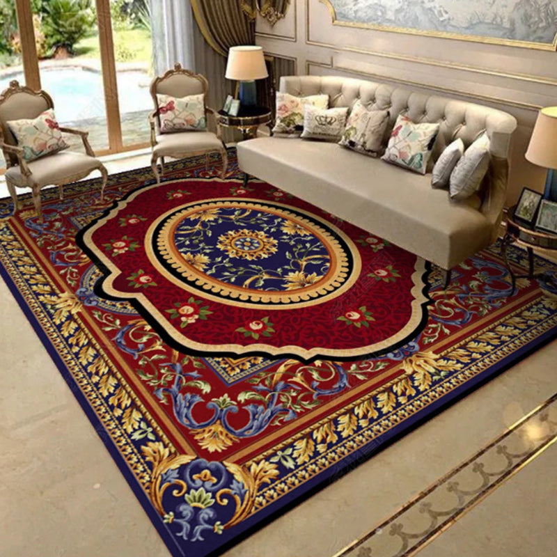 Oriental Moroccan rug in blue and red with medallion floral leaf pattern rug polyester washable rug for living space decoration | Bowlift