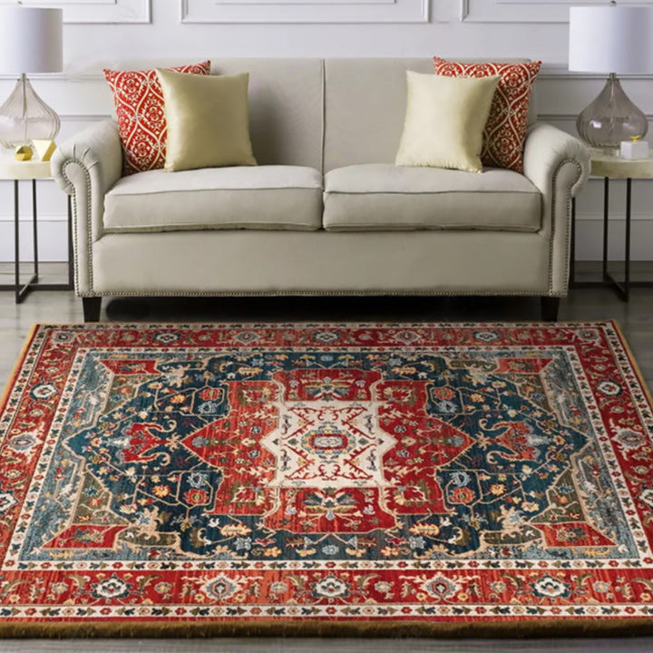 Oriental Moroccan rug in blue and red with medallion floral leaf pattern rug polyester washable rug for living space decoration | Bowlift