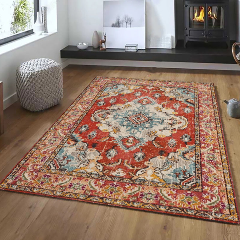 Oriental Moroccan rug in blue and red with medallion floral leaf pattern rug polyester washable rug for living space decoration | Bowlift