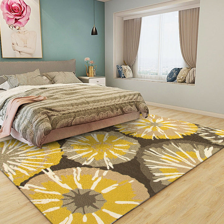New Flower Print Rug Yellow and Blue Polyester Rug Machine Washable Non-Slip Rug for the Bedroom | Bowlift