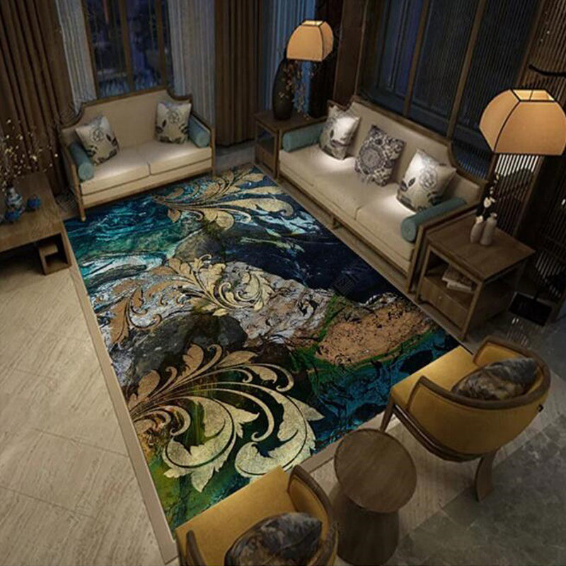 BowLift | Blue and gold vintage carpet polyester paisley pattern carpet washable non-slip backing carpet for living room