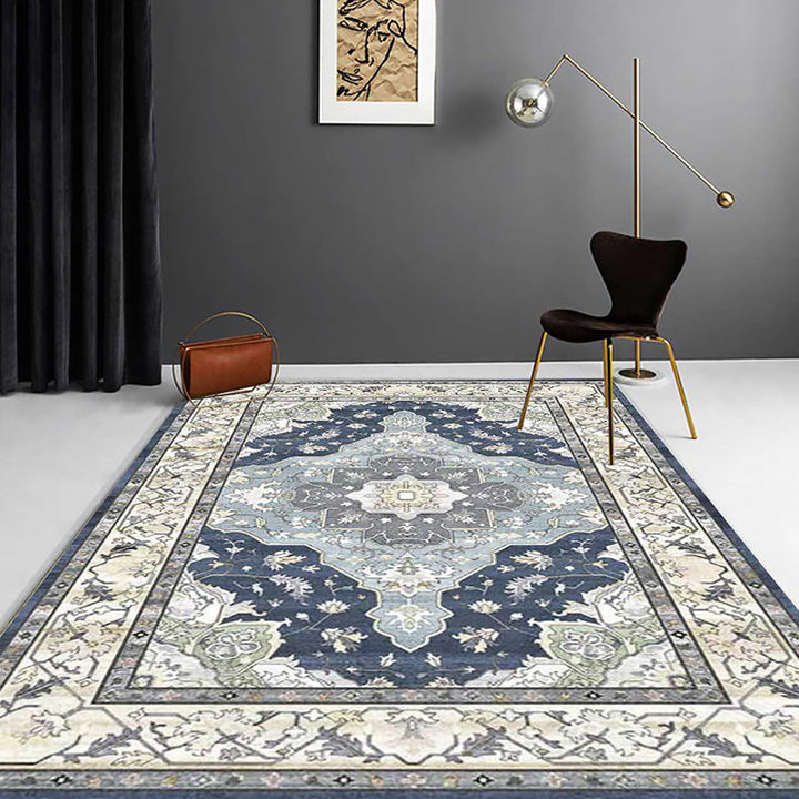 BowLift | Moroccan Living Room Rug in Blue Medallion Floral Pattern Rug Polyester Stain Resistant Non-Slip Area Rug