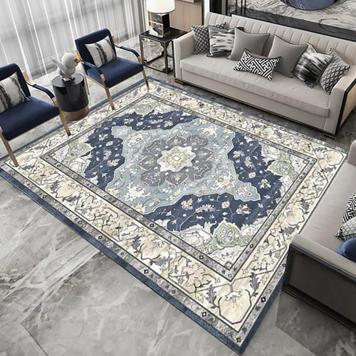 Moroccan living room rug in blue medallion floral pattern rug polyester stain-resistant non-slip rug | Bowlift
