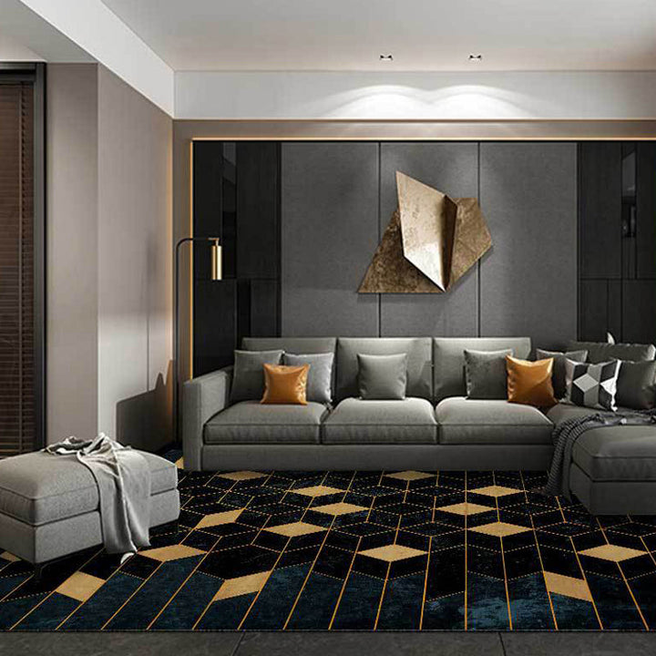 Scandinavian Modern Rug in Black Geometric Diamond Pattern Rug Polyester Non-Slip Back Rug for Home Decor | Bowlift