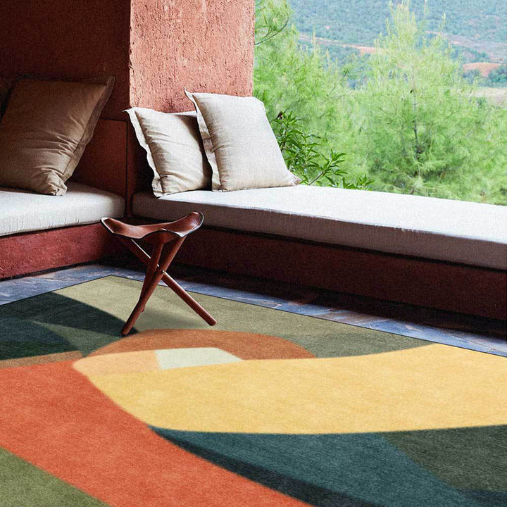 BowLift | Novelty Living Room Rug Colorful Block Print Rug Polyester Stain Resistant Washable Area Rug