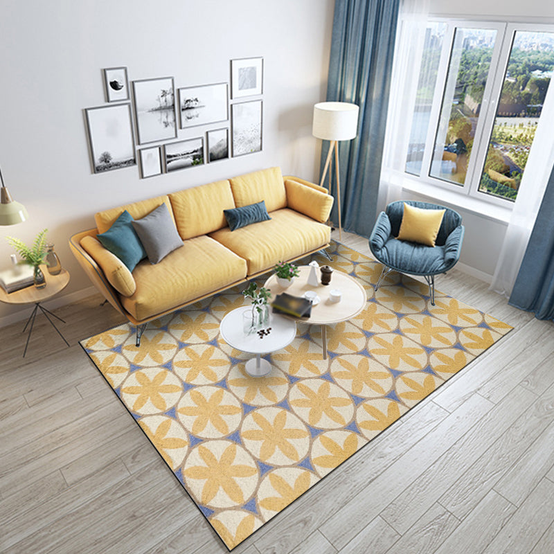 Contemporary modern rug in yellow geometric circle flower pattern rug polyester washable rug for home decor | Bowlift