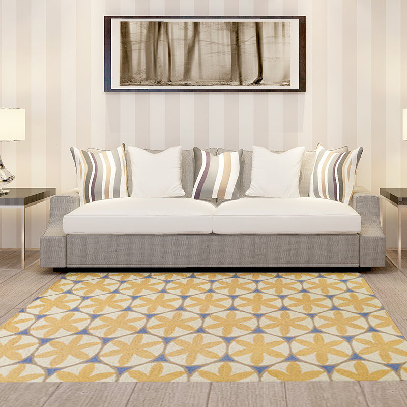 Contemporary modern rug in yellow geometric circle flower pattern rug polyester washable rug for home decor | Bowlift
