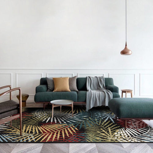 BowLift | Black Bedroom Carpet Vintage Botanical Leaf Pattern Area Rug Polyester Pet-Friendly Washable Rug