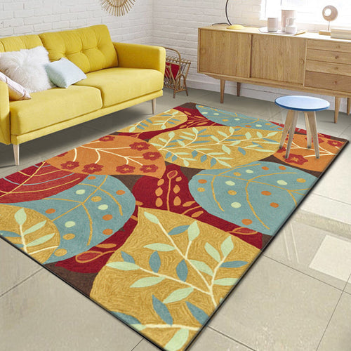 BowLift | Red and Yellow Bedroom Carpet Vintage Botanical Leaf Pattern Carpet Polyester Anti-Slip Backing Carpet