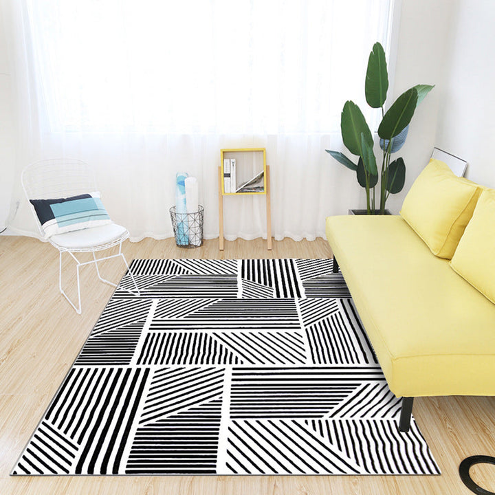 Modern living room rug in black and white with geometric stripe pattern rug polyester machine washable area rug | Bowlift