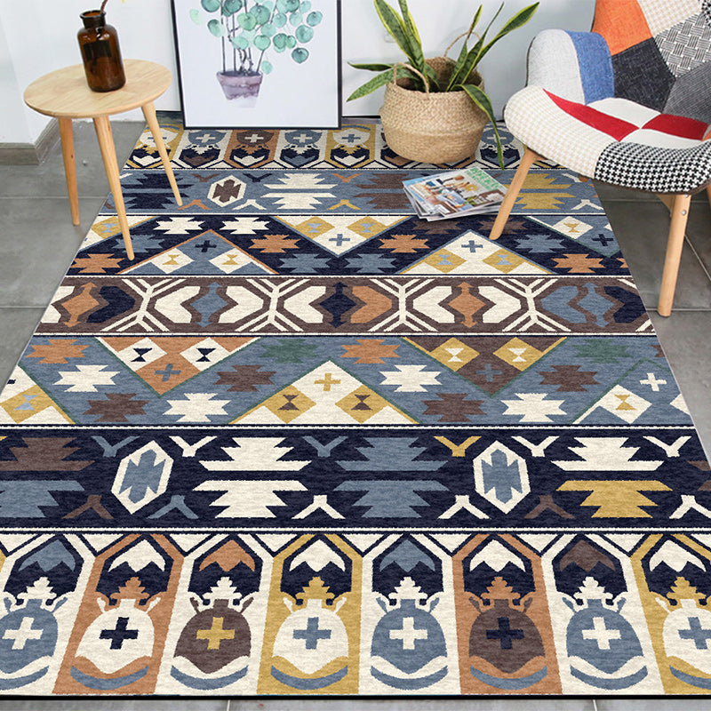 BowLift | Southwestern living room rug in blue tribal print rug polyester stain-resistant non-slip area rug