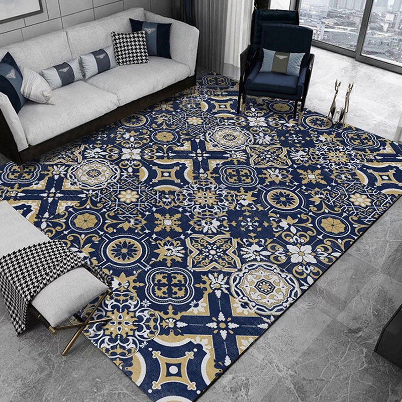 BowLift | Blue Bedroom Rug Moroccan Flower Square Pattern Rug Polyester Non-Slip Back Rug