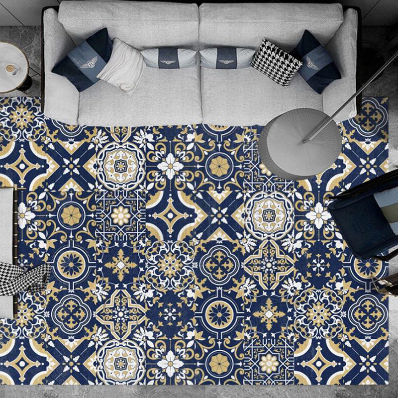 Blue Bedroom Rug Moroccan Flower Square Pattern Rug Polyester Non-Slip Back Rug | Bowlift