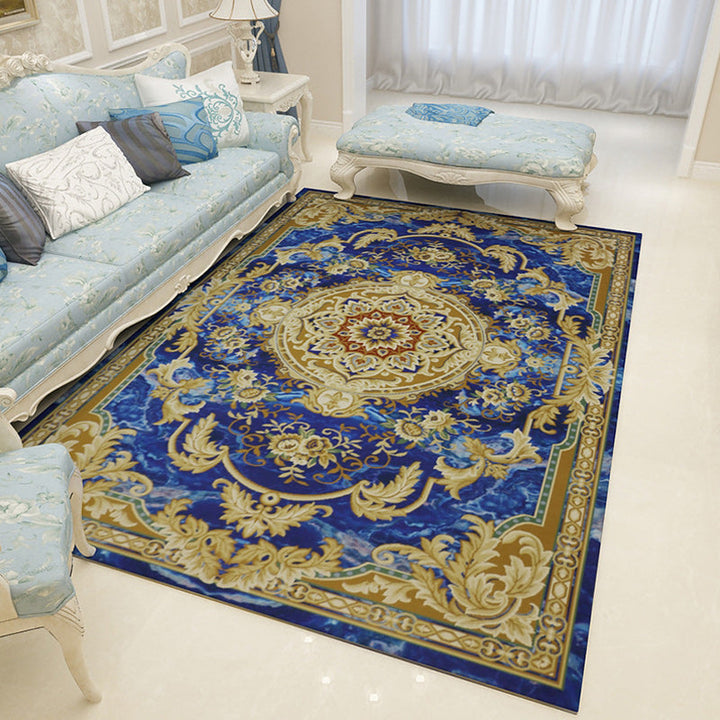 Moroccan living room rug in blue and brown medallion floral pattern print rug polyester pet-friendly area rug | Bowlift