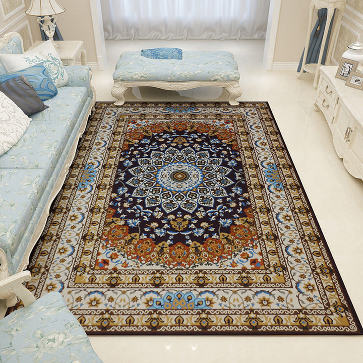 Moroccan living room rug in blue and brown medallion floral pattern print rug polyester pet-friendly area rug | Bowlift