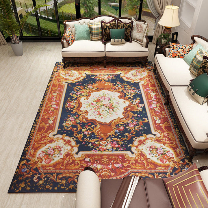 Moroccan living room rug in blue and brown medallion floral pattern print rug polyester pet-friendly area rug | Bowlift