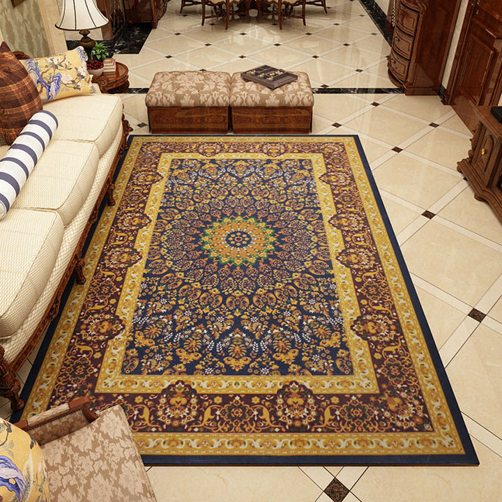 Moroccan living room rug in blue and brown medallion floral pattern print rug polyester pet-friendly area rug | Bowlift