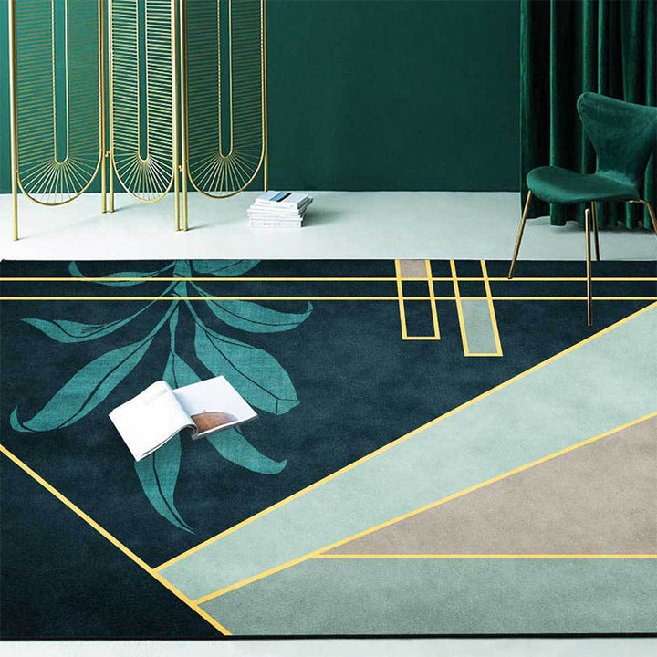 Green Novelty Carpet Polyester Geometric and Leaf Pattern Carpet Washable Non-Slip Back Carpet for Living Room | Bowlift