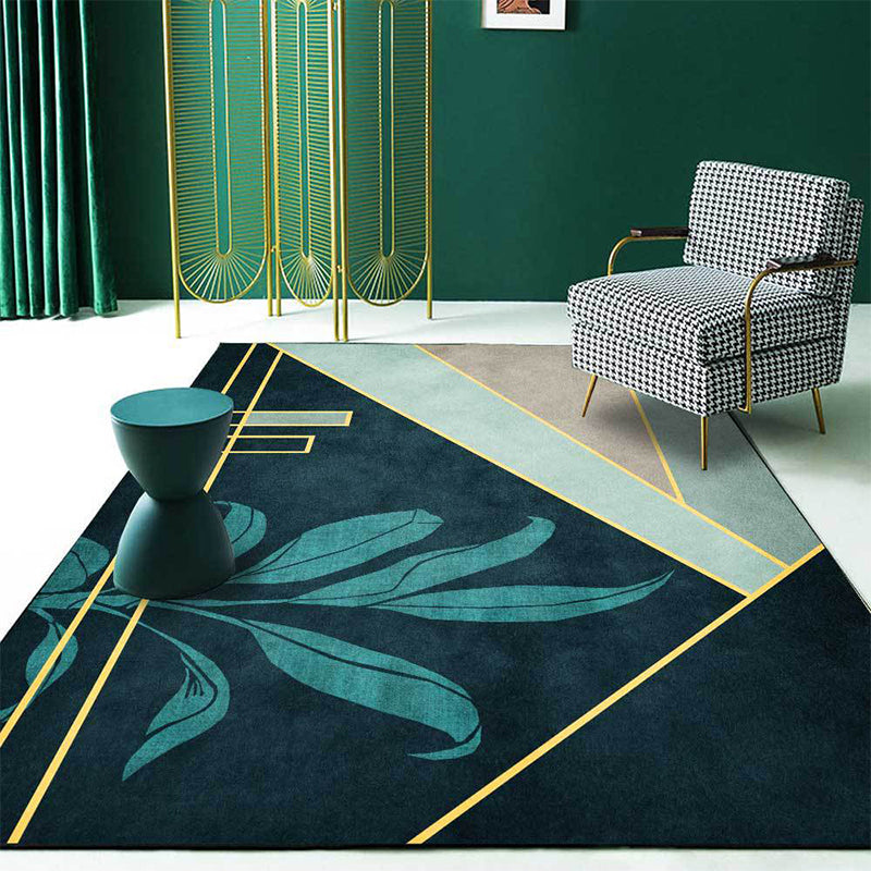 Green Novelty Carpet Polyester Geometric and Leaf Pattern Carpet Washable Non-Slip Back Carpet for Living Room | Bowlift