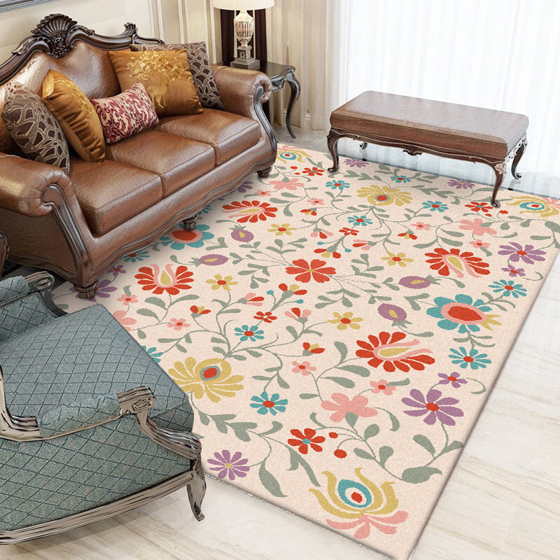 BowLift | Vintage Floral Pattern Rug Pink Polyester Rug Machine Washable Non-Slip Rug for Bedroom