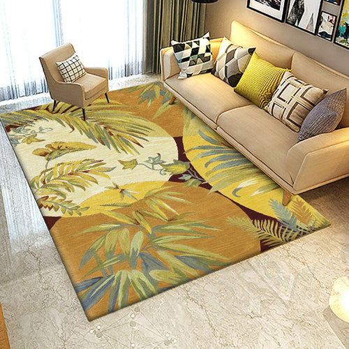 BowLift | Retro Leaf Pattern Carpet Yellow Classic Carpet Polyester Washable Non-Slip Backing Carpet for Living Room