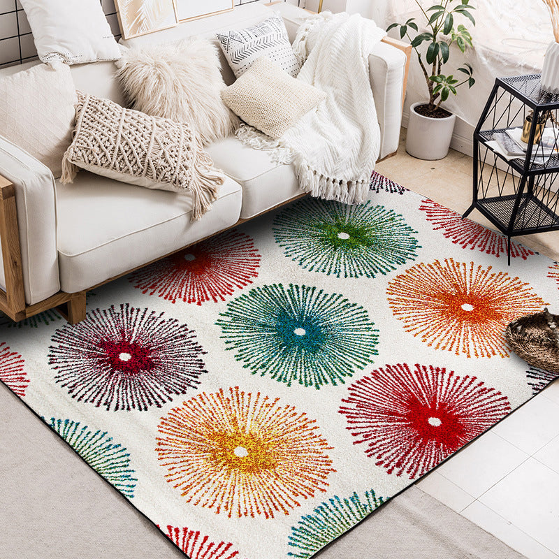 White multicolor contemporary rug polyester radial pattern rug washable non-slip backing rug for the living room | Bowlift