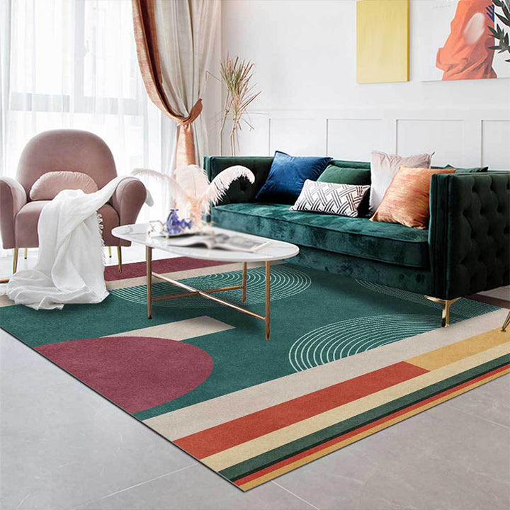 Modern color block rug green multi-colored polyester rug machine washable non-slip rug for the bedroom | Bowlift