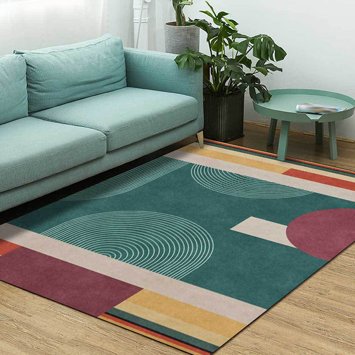 Modern color block rug green multi-colored polyester rug machine washable non-slip rug for the bedroom | Bowlift
