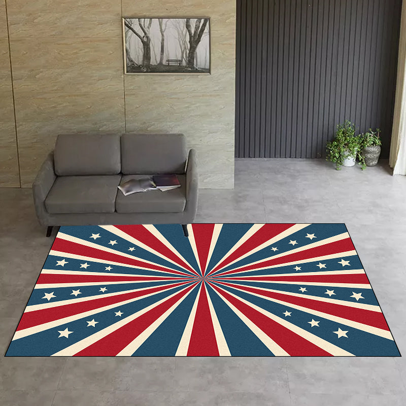 Contemporary radially symmetrical carpet with star blue and red polyester machine washable non-slip rug for the bedroom | Bowlift
