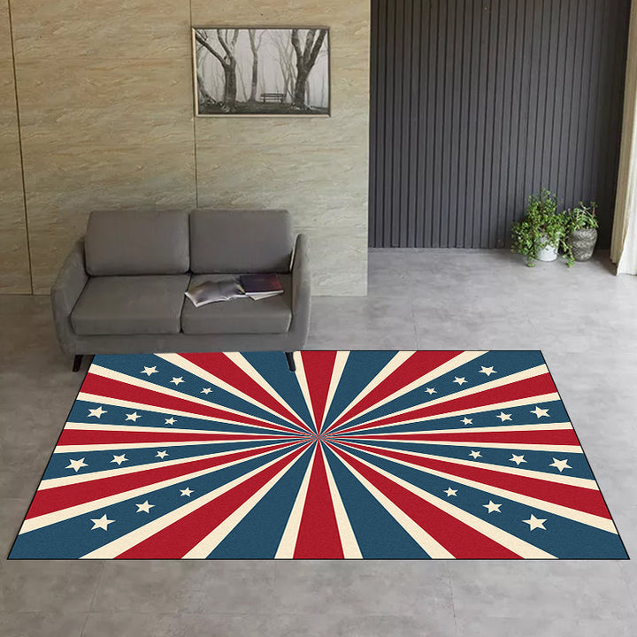 Contemporary radially symmetrical carpet with star blue and red polyester machine washable non-slip rug for the bedroom | Bowlift