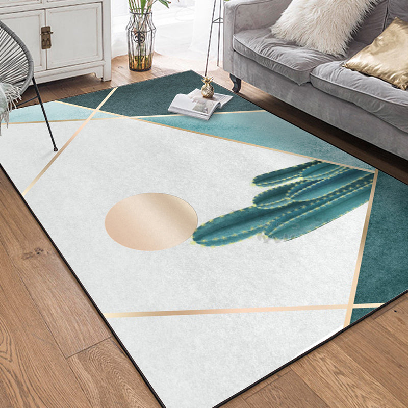 Modern living room rug in green and gray color block cactus sun print rug polyester non-slip backing washable rug | Bowlift