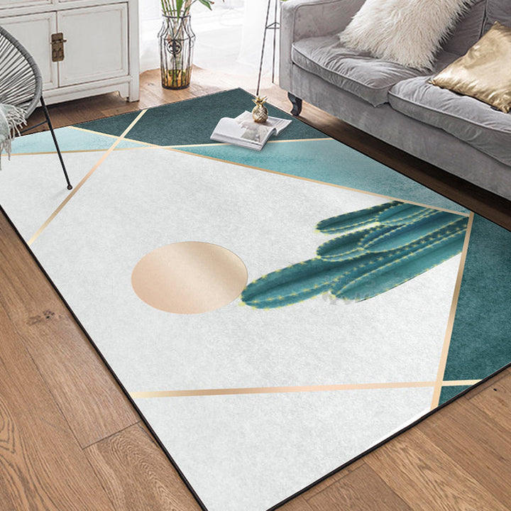 Modern living room rug in green and gray color block cactus sun print rug polyester non-slip backing washable rug | Bowlift