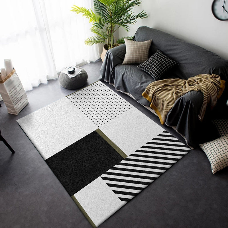 Nordic Modern Rug in Black and White geometric dot pattern striped rug polyester washable rug for home decor | Bowlift
