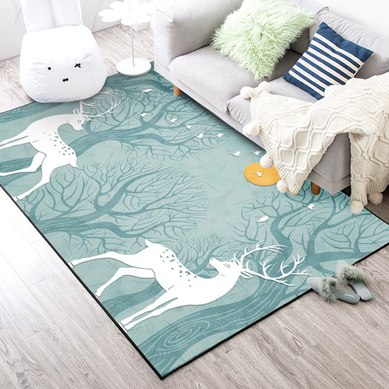 Modern living room rug in black and white with animals, deer, bird, tree print rug, polyester, pet-friendly area rug | Bowlift