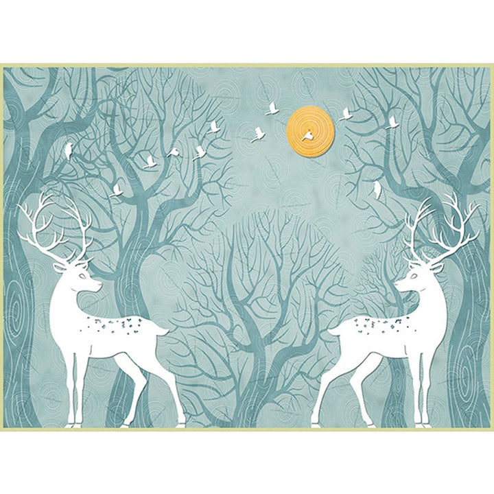 Modern living room rug in black and white with animals, deer, bird, tree print rug, polyester, pet-friendly area rug | Bowlift