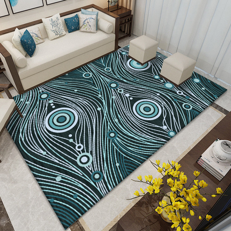 BowLift | Southwest Living Room Rug in White and Blue Circle Line Print Rug Polyester Stain Resistant Area Rug