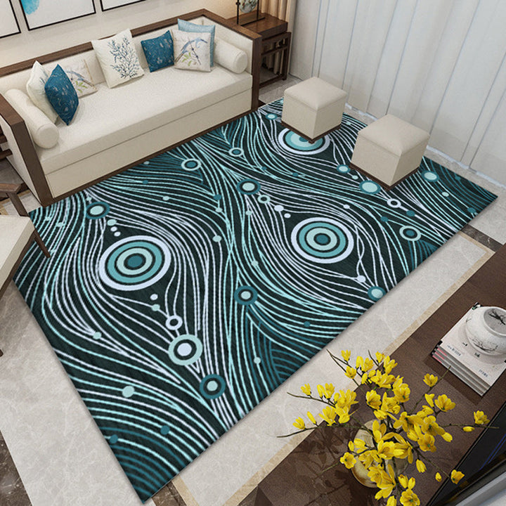 BowLift | Southwest Living Room Rug in White and Blue Circle Line Print Rug Polyester Stain Resistant Area Rug