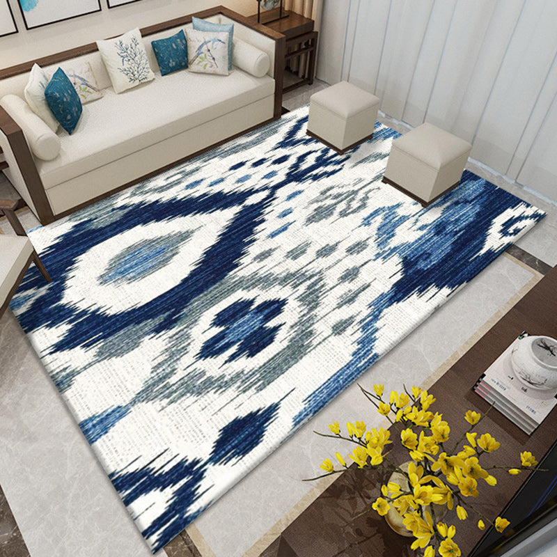 BowLift | Southwest Living Room Rug in White and Blue Circle Line Print Rug Polyester Stain Resistant Area Rug