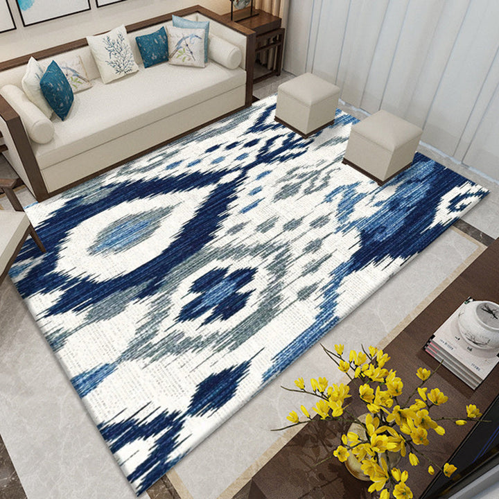 BowLift | Southwest Living Room Rug in White and Blue Circle Line Print Rug Polyester Stain Resistant Area Rug