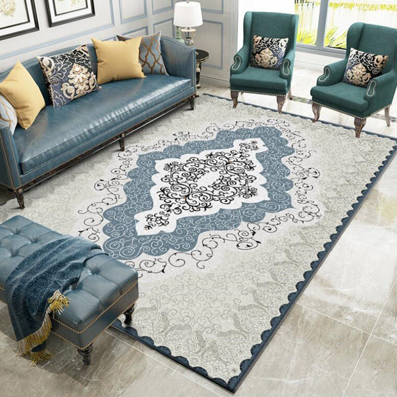 BowLift | Mediterranean Moroccan rug in blue and gray medallion pattern rug polyester non-slip rug for home decor