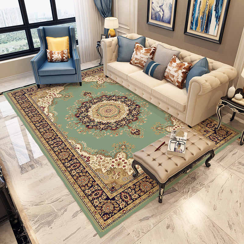 Blue and gray bedroom rug Moroccan medallion floral design rug polyester non-slip washable rug | Bowlift