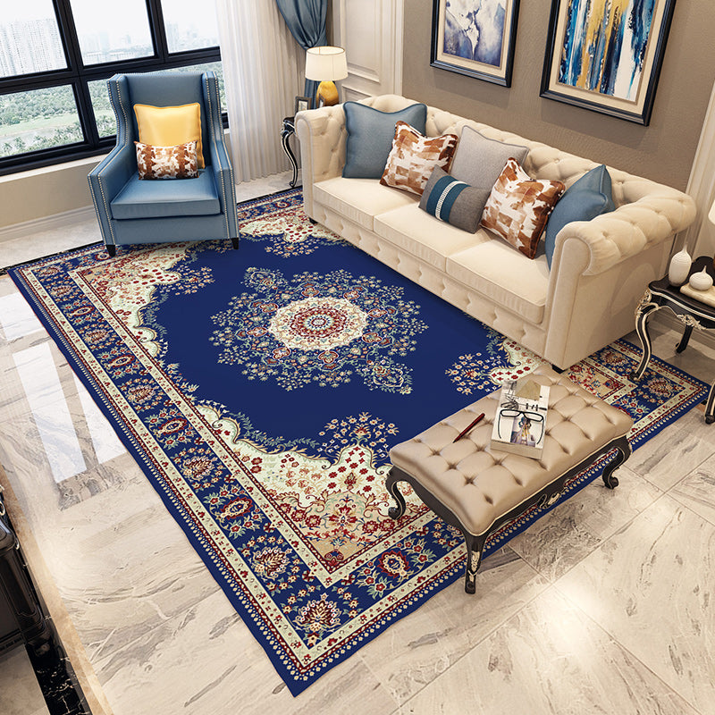 BowLift | Blue and gray bedroom rug Moroccan medallion floral pattern area rug polyester non-slip washable rug