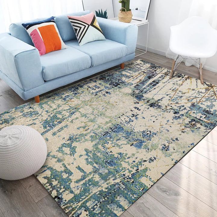 Ivory and Teal Bedroom Rug Modern Abstract Pattern Rug Polyester Pet Friendly Washable Rug | Bowlift