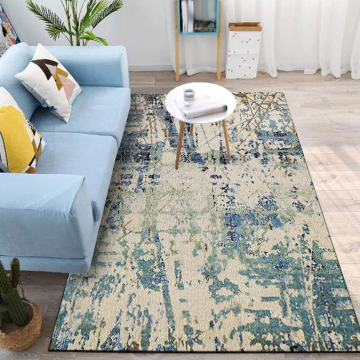 Ivory and Teal Bedroom Rug Modern Abstract Pattern Rug Polyester Pet Friendly Washable Rug | Bowlift