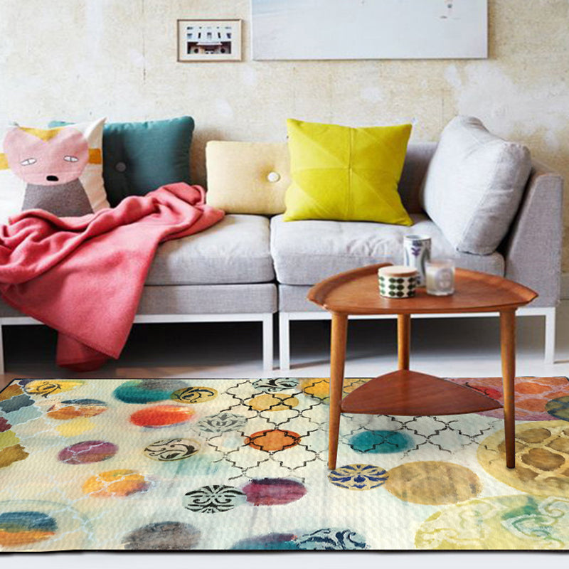 Ivory and Yellow Bedroom Carpet Modern Abstract Circle Pattern Carpet Polyester Washable Rug | Bowlift