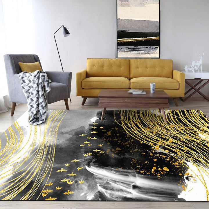 Modern living room rug in black and yellow Abstract waterfall bird line print rug Polyester washable rug | Bowlift