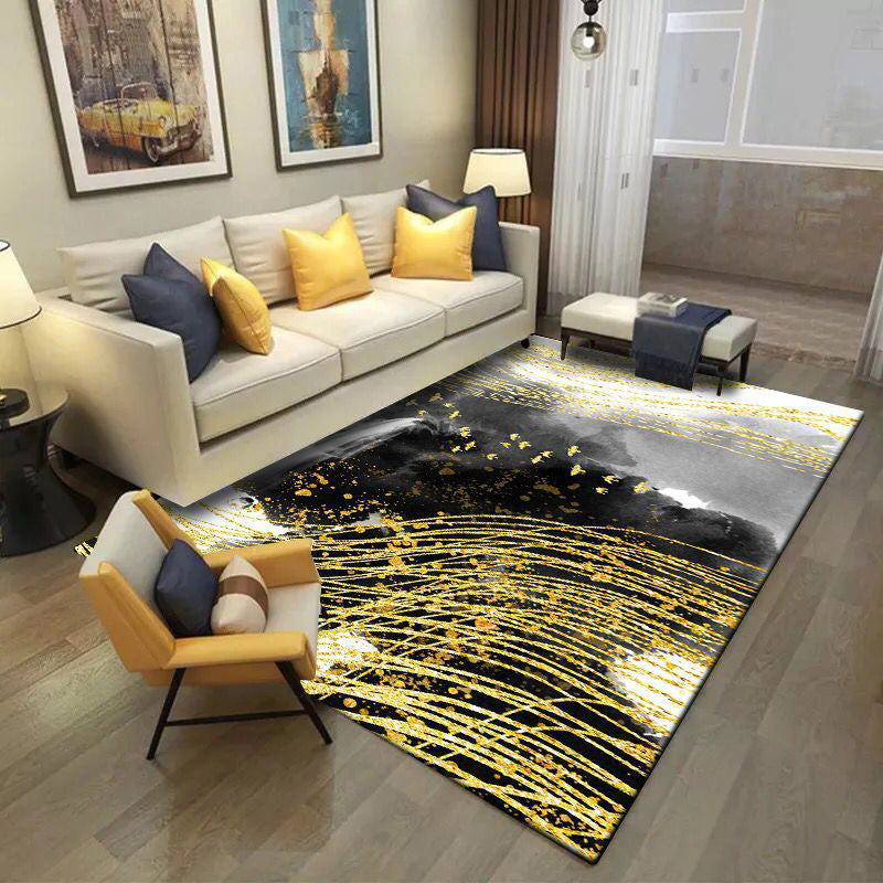 Modern living room rug in black and yellow Abstract waterfall bird line print rug Polyester washable rug | Bowlift